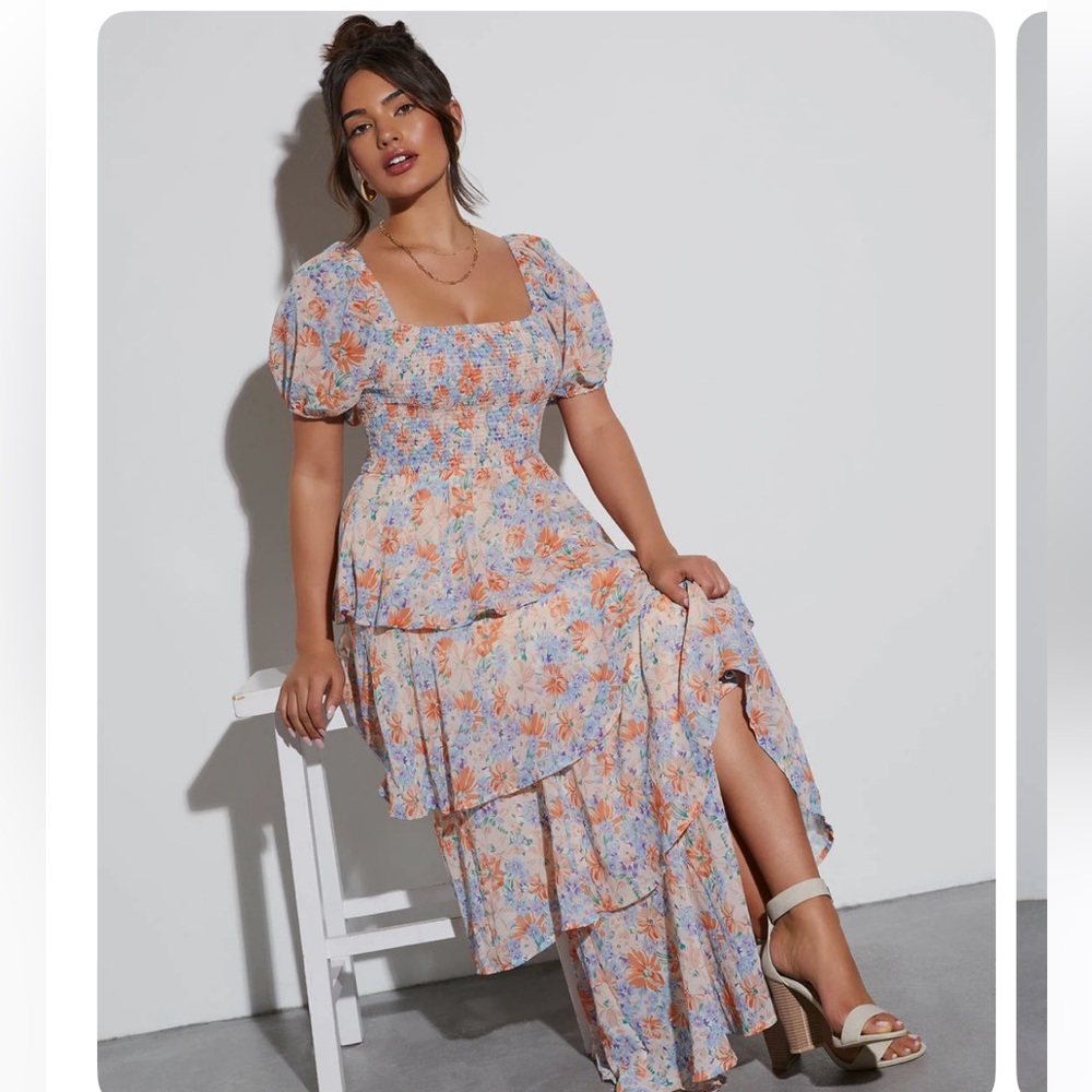 Vici Floral Puff Sleeve Maxi Dress in Blue & Orange